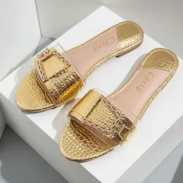 Slippers feminino salto plano prateado dourado slides sapatos de verão ao ar livre sandals transparentes chinelos femininos femininos
