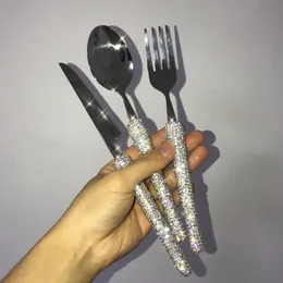 Dinnerware Sets 3 Piece Set Cutlery Rhinestones Knife Fork and Spoon Set 304 Stainless Steel Eco Friendly Travel Flatware Set Bling Dinnerware 230503