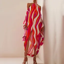 Casual Dresses Women Print Ruffle French Style Maxi Sexig färgglad rand Split Backless Fashion Hanging Neck Chiffon Beach 230504