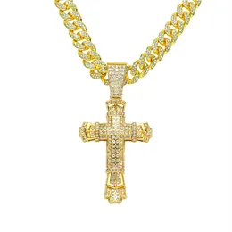 Collana per catena maschile Link cubano Catene oro Gioielli ghiacciati Cross Diamond Pandant Necklace Hip-Hop Hiphop Diamond Intarsia