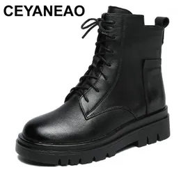 Buty Ceyaneao Classic Black Women orygine skórzane kliny platforma kostki zimowy ciepły motocykl