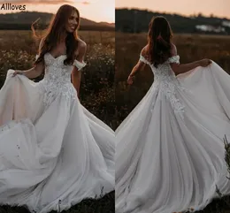 Bohomian Lace A Line Wedding Dresses Sexy Off The Shoulder Rustic Country Boho Bridal Gowns Sweep Train Plus Size Maternity Robes de Mariee CL2234