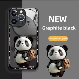 Luxury Official Panda Glass Phone Case for iPhone 15 14 7 8plus 7G 8G SE X XR XS XSMAX 11 12 13 14promax Cartoon Camera Shockproof Protect Back Phone Case