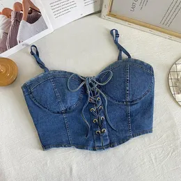 T-shirt Seksowna Damska Sznurkiem denim Camisole Lato Szykowny Top Typu Crop Tank Lady Streetwear Jednolity Kolor denim Camis