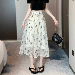 Skirts TIGENA Aesthetic Floral Print Chiffon Mid-length Skirt Women Summer Casual Holiday A Line High Waist Midi Long Skirt Female 230504