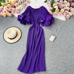 Casual Dresses Round Neck Flare Short Sleeve Pleated Long Dress Vintage High midje Ruffles Female Fashion Robe Mujer 2023