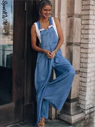 Frauen Jumpsuits Strampler Blau Denim Taschen Breites Bein Weibliche Mode Hohe Taille Lose Overall 2023 Sommer Dame Casual Pants 230504