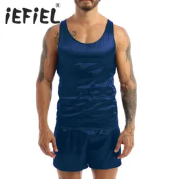 Men's Sleepwear Mens Satin Pajamas Nightwear Sleeveless Tank Top Shorts Sleepwear Nightclothes Summer Nightgown Loungewear for Underwear Sets 230503