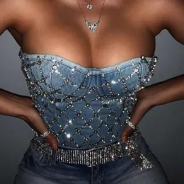 Camis e Top con Bretelline Denim Graffiato delle Donne Della Cinghia di Spaghetti Diamanti Strappato Push Up Bustier Night Club Partito Crop Top 2021 Nuovo Corsetto Camise maglia