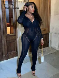 Women's Jumpsuits Rompers Soefdioo Knitted Hollow Out Jumpsuits Women Sexy Zipper Deep V Long Sleeve Bodycon Romper Autumn 2022 Elegant Party Clubwear T230504