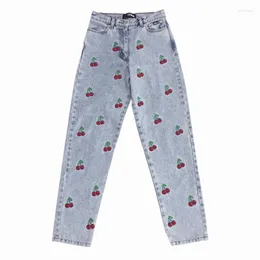 Women's Jeans Cherry Print High Waisted Women Casual Blue Washed Straight Pants Vintage Streetwear Pantalones De Mujer Cintura Alta