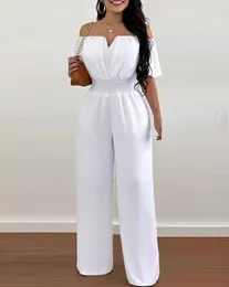 Women's Jumpsuits Rompers Jumpsuits for Women Spring Fashion Off Shoulder Casual Plain Short Sleeve Shirred Waist Daily Long Wide Leg Jumpsuit 230504