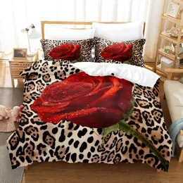 Sängkläder sätter Red Rose Leopard Set Luxury Comporter Pudow Case Par Wedding Twin Queen King Size Romantic Däcke Cover