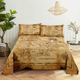 Set lenzuolo da letto con mappa del mondo del tesoro, lenzuolo piano in poliestere con stampa digitale domestica con lenzuolo stampato con federa