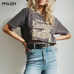 Tシャツmxtin 2021夏のヴィンテージモーターサイクルプリントTシャツ女性ファッションカジュアルトップスティールースオブネック女性ハラジュクレディースTシャツ