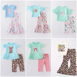 Kleidungssets Girlymax Sommer Baby Mädchen Kinderkleidung Boutique Bunny Leopard Kurzarm Top Schlaghosen Flare Pants Set Outfits 230504