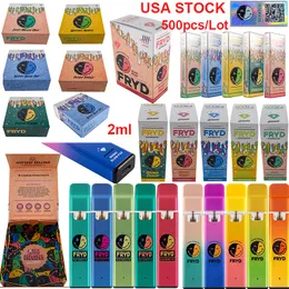 USA Stock Fryd Fuld tam 2 Gram Tek Kullanımlık E Sigara 10 Tatlar Rastgele Şarj Edilebilir 350mAH A Pil Tek Kullanımlık Vape Pens Boş Yağlı Pods Sticker ile Başlangıç ​​Kitleri