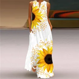 Casual Dresses 3D Sunflower Printed Maxi Dresses Sommarkvinnor Fashion Blommor ärmlösa avslappnade sundress damer elegant fest ljus lång klänning 230505