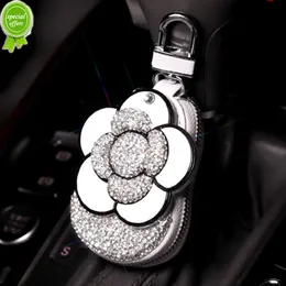 New 2022 Bling Crystal Camellia Car Key Case Shiny Keychain Holder Bag Case Diamond Car Accessories Interior for Woman Girls