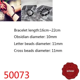 50073 Hip Hop S925 Sterling Silver Armband Punk Style Personlighet Youth Cross Flower Beads Obsidian Hand String String smycken Populära tillbehör för älskare