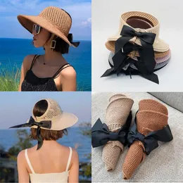 Wide Brim Hats Summer Women Empty Top Hat Bowknot Straw For Ladies Foldable Beach Sunscreen Cap