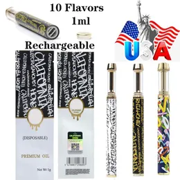 USA Stock E-Zigaretten 10 Geschmacksrichtungen California Honey Einweg-Vape-Stift Wiederaufladbare Kupferspitzen Goldzerstäuber 1 ml dickes Öl Kartuschen Leere Verpackung USB