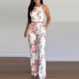 Womens Two Piece Pants Summer Set Flower Pattern Sleeveless High Waist Milk Silk Vest Wideleg Casual Outfit Suit 230505