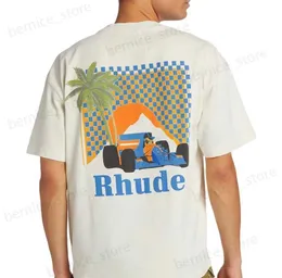 Herr t-shirts designer modekläder tees rhude sommar kokosnöt träd racing moonlight tropics korta ärmar trendiga toppar streetwear lös hip hop