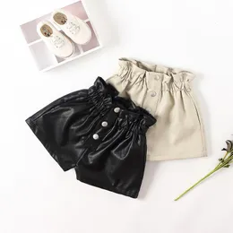 Shorts PU Leather Shorts for Kid Girls Winter Thick Fleece Lining Faux Leather Short Children Casual Solid High Waist Elastic Bottom 230504
