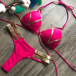 Kobiety bikini set bawełny stały kolor letni gniazdo kąpiel wakacyjne seksowne kobiety stroje kąpielowe ze złotą linią