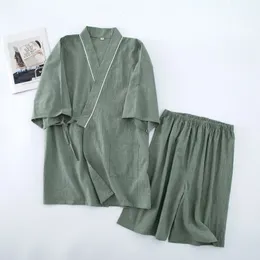 Mäns sömnkläder Nya japanska kimono pyjamas V-ringning korta ärm shorts pijamas män 2 bit set höst sommar sömnkläder 100% bomulls sömntoppar 230505