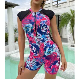Wetsuits Drysuits One Piece Swimsuit 2023 Printing Rash Guards Women Swimwear Mesh Short Sleeve Surfing Suit Zipper Boyleg Bathing Suits Jumpsuit J230505