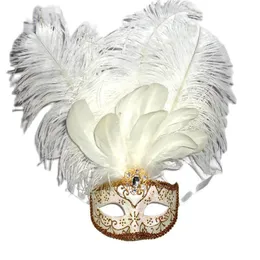 Maschere per feste Splendida maschera per capelli di uccelli con pori di struzzo dipinto Gold Diamond Masquerade Mardi Gras Venice Costume Carnival Masque Gifts 230504