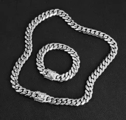 15MM14K Gold Plated stainless steel silver encryption single six Cuban chain men's necklace Bracelet Set Dragon head buckle hip-hop style