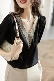 Women lace v-neck crochet floral blouses half sleeve loose palazzo satin shirt MLXLXXL