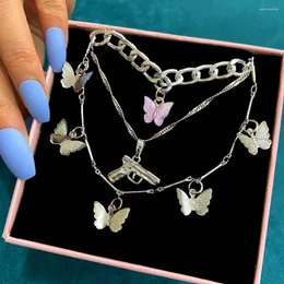 Chains JUST FEEL Vintage Multilayer Pistol Pendant Necklace For Women Silver Color Acrylic Metal Butterfly Choker Punk Jewelry