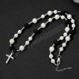 Hip Hop Chains Necklaces Black and White Reflective Pearl Cross Necklace Stainless Steel Pearl Men's Clavicle Chain