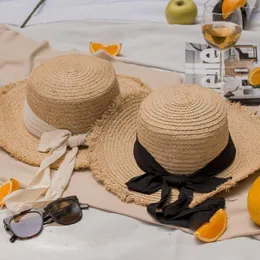Hüte mit breiter Krempe, natürlicher Raffia-Hut, Damen-Sonnenschutz, japanische, flache Oberseite, Schleife, Stroh, Damen, lässige Strandkappe