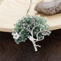Broşlar kristal boncuklar çiçek ağacı pimleri ve kadınlar için doğal kabuk kuşu broş antika gümüş kaplama yeşil mavi pim takılar