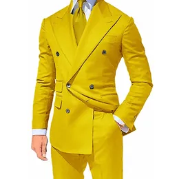 Mäns kostymer Blazers Men's Yellow Double Breasted Slim Fit Set Popular Polo Custom Two Piece Wedding Groom Tuxedo Men's Fashion Jacket med Pant 230505