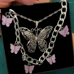 Łańcuchy po prostu odczuwają 2PC/Set Butterfly Acryl Cuban Cain Choker Naszyjnik dla kobiet srebrny kolor puste wisiorek bijoux