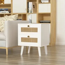 Weißer Nachttisch mit 2 Schubladen aus Rattan, Mid-Century-Beistelltisch aus Holz mit Akzent, Boho-Beistelltisch für Schlafzimmer, Wohnzimmer, H0053