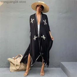 Damen Bademode 2022 Boho Snowflake Print Bikini Cover-Ups Elegant Self Belted Dress Tunika Damen Long Cardigan Beach Wear Cover Up Swim Suit T230505