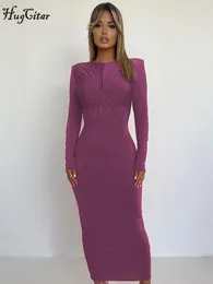 Casual Dresses Hugcitar Women Elegant O Neck långa ärmar axelkuddar draperade sexiga bodycon maxi prom klänning höst streetwear party y2k 230505