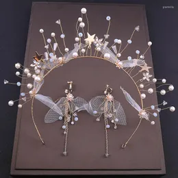 Halsband örhängen set brud handgjorda ornament koreanska siden gaze femstjärniga hårband huvud med brud bröllopsklänning tillbehör na