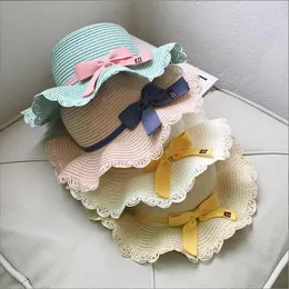 Flickor stråhattar barn sommarstrand kepsar blommor spetsbåge prinsessan hatt barn solskyddsmedel utomhus fiskare hatt solskydd baby fedora floppy 40 färg till hav bc621-2