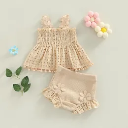 Completi di abbigliamento 2023-05-17 Lioraitiin 0-18M Toddler Neonate Summer Outfit Solid Canotte pieghettate ritagliate e pantaloncini elasticizzati con volant