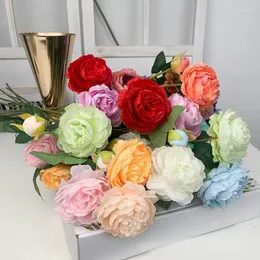 Flores decorativas 3 ramificação peony rosa flor falsa parede de flor ocidental no estilo diy caseiro em casa escritório el mesa de decoração verde artificiales