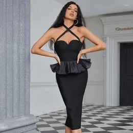 Abiti casual Estate Donna Sexy Off The Shoulder Halter Bodycon Abito a metà polpaccio Fasciatura Ruffles Elegante costume da sera