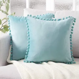 Travesseiro /decorativo 45x45cm Pounhores de veludo macio de veludo macio capa sólida travesseiros decorativos quadrados com bolas para sofá -cama carro em casa thr